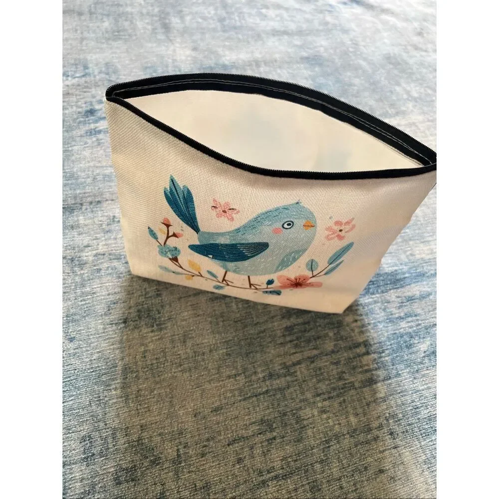 Blue Bird Pink Flowers Cotton Canvas Small Makeup Bag Travel Toiletry Pouch